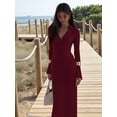 thumbnail image 5 of Female Long Sleeve Maxi Dress Deep V Neck Ruched Bodycon Elegant Semi Formal Wedding Guest Dresses Wine Red S, 5 of 10