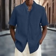 thumbnail image 2 of BiZtdJrK Hawaiian Shirts for Men Casual Button Down Linen Summer Tops Solid Color Stand Collar Short Sleeve Tshirts Navy L, 2 of 6