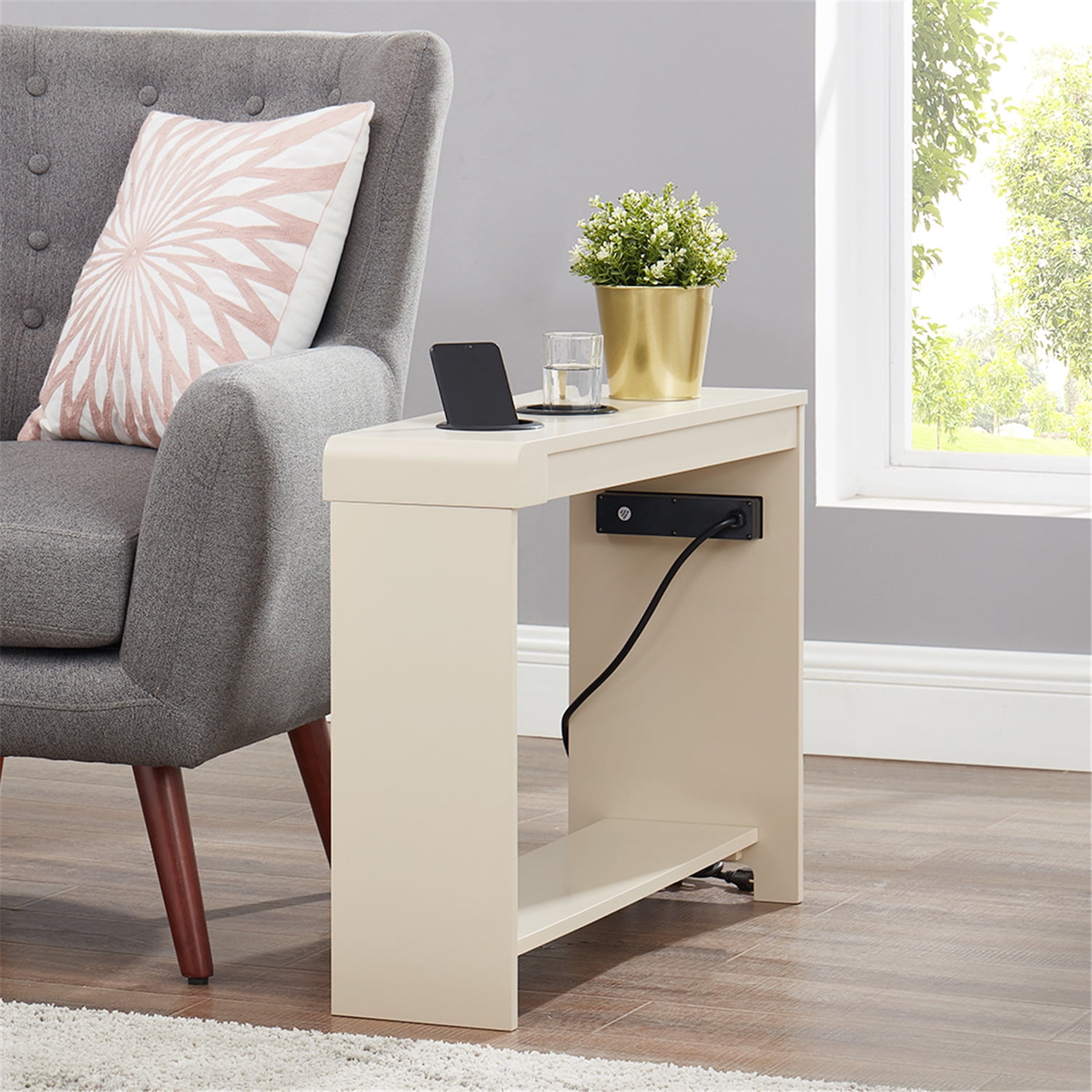 Jade End Table with Charging Station, USB Ports & Outlets, Narrow Side