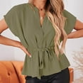 thumbnail image 7 of Women's Wrap Peplum Top Blouse Tie Waist Short Sleeve Solid Color Button Down V Neck Belted Summer Shirts T Shirts, 7 of 7