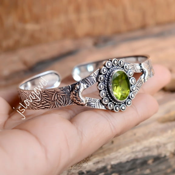 Peridot Oval Cut Gemstone Bracelet Handmade Bangle, 925 sterling silver Gift Cuff