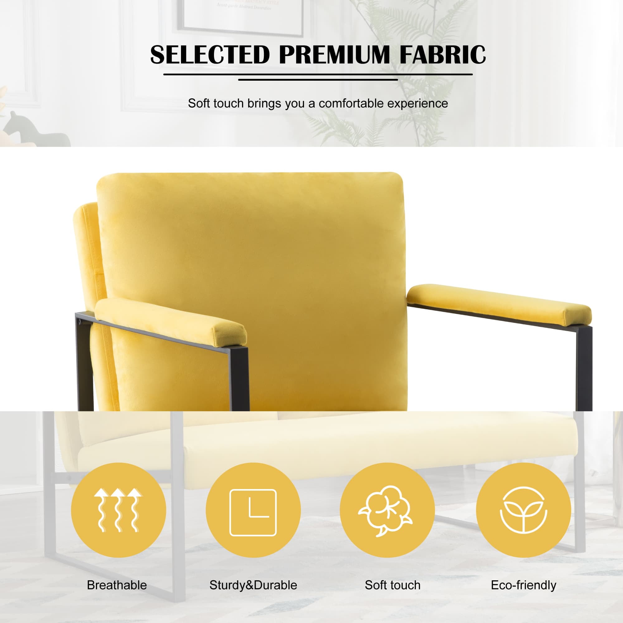 BSHTI Velvet Upholstery Accent Armchair,Metal Frame,Square Arms with Padding,Removable Back Cushion,Easy to Assemble,Yellow