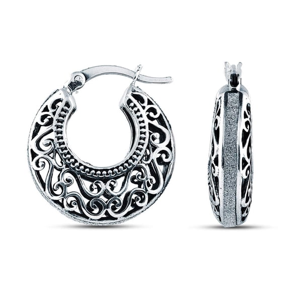 LeCalla 925 Sterling Silver Antique Filigree Small Glitter Hoop Earrings for Women and Teen 21MM