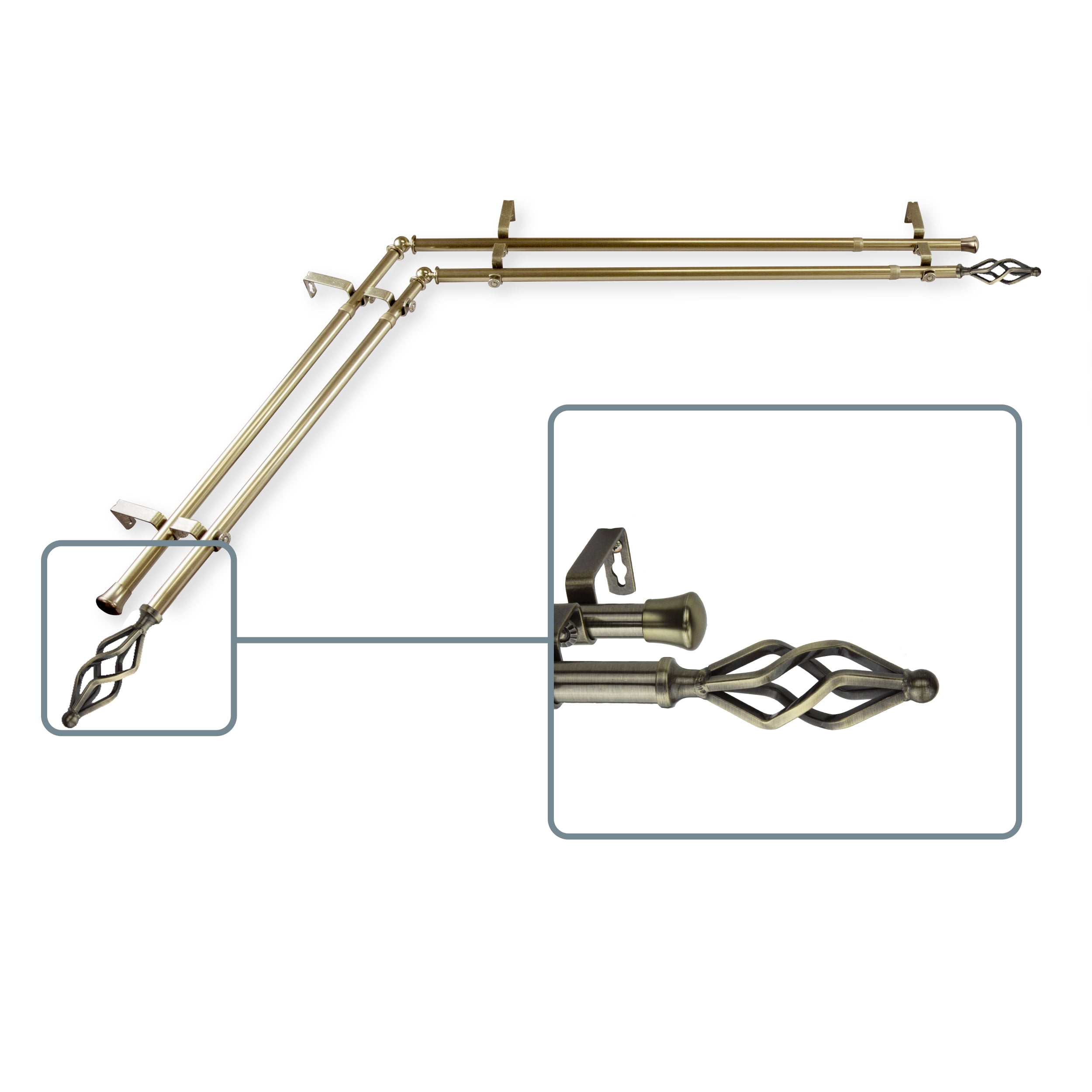 Vinci 13/16 inch Double Corner Window Curtain Rod 28-48" - Antique Brass