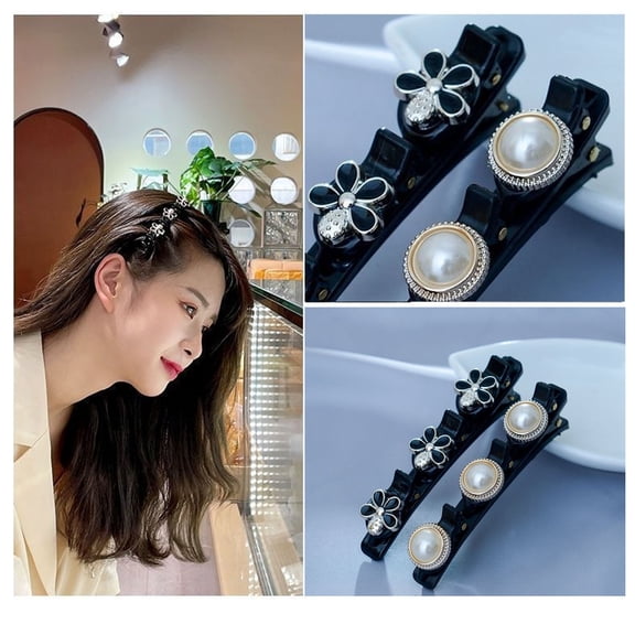 PONPRNGY 2Pcs Sparkling Crystal Stone Braided Hair Clips with 3 Small Clips, Pearl shaped hairpin duckbill clip, Braided Hair Clip with Rhinestones for Girls Women Hair Accessories
