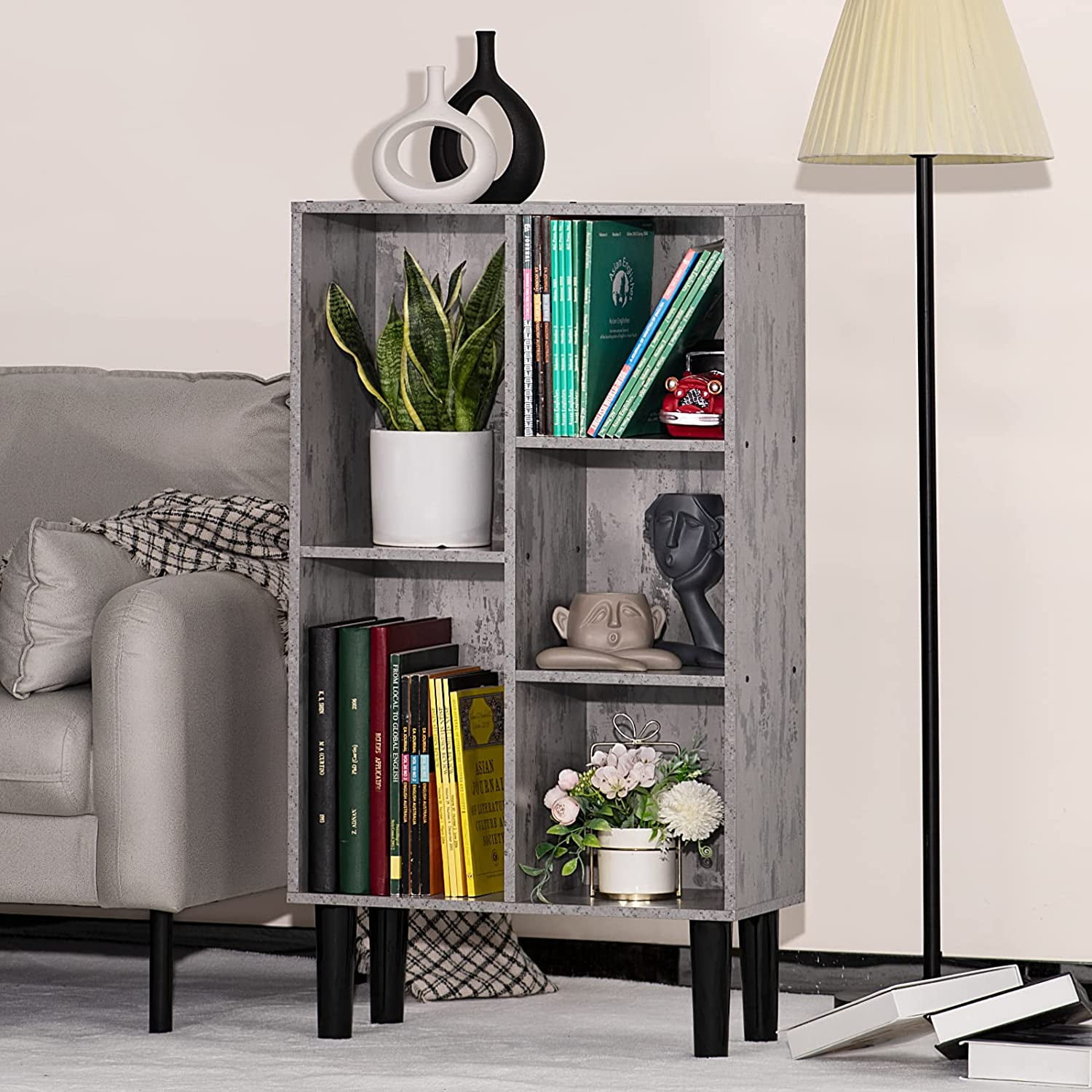 5 Cube Small Bookshelf,3 Tier MidCentury Modern Bookcase with Legs,Wood Bookshelves Storage
