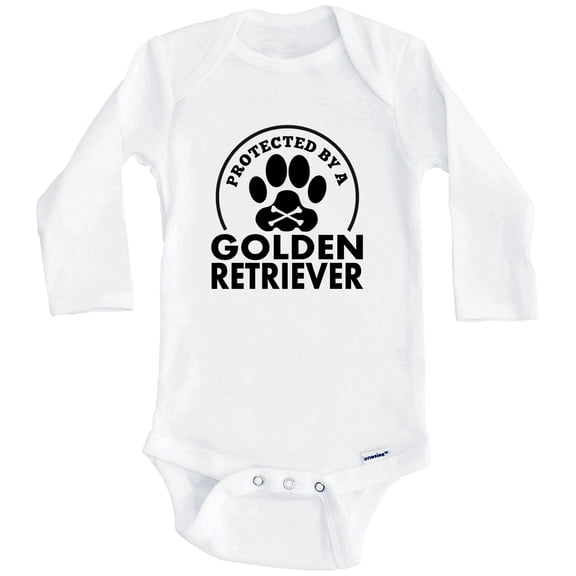 Protected By A Golden Retriever Funny One Piece Baby Bodysuit (Long Sleeve), 0-3 Months White