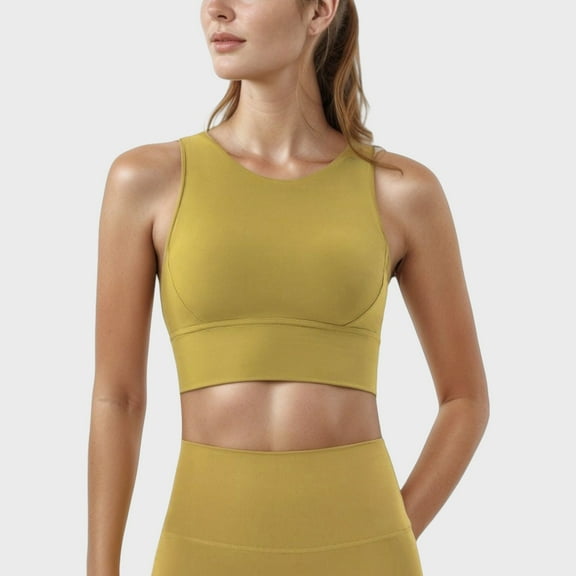 Women's High Neck Longline Sports Bra with Wide Straps and Keyhole Back for Stylish Medium Support - Medium, Yellow