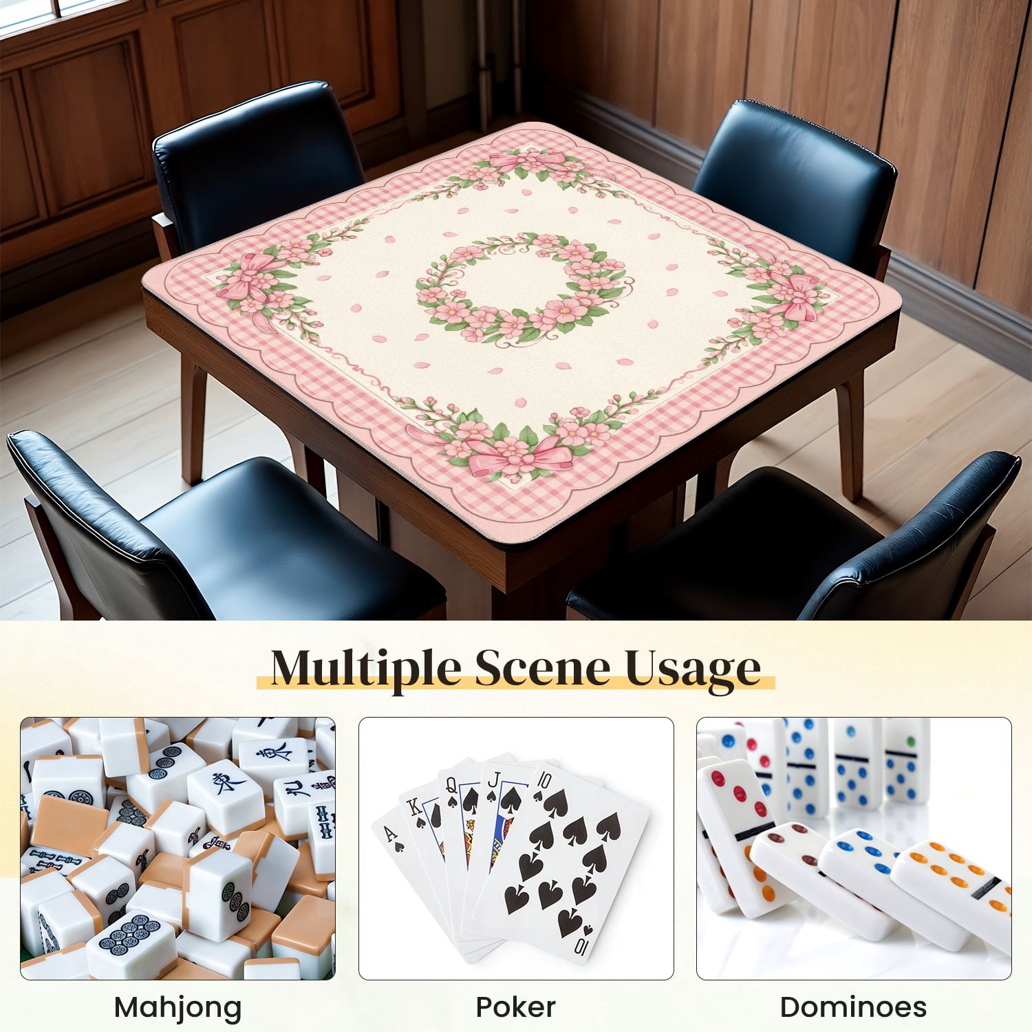 Mahjong Mat 31.5" x 31.5" Pink Floral Gingham Bows Central Non-Slip Noise Reduction Mahjong Tiles Table Cover for Dominoes Poker Card Board and Tile Games
