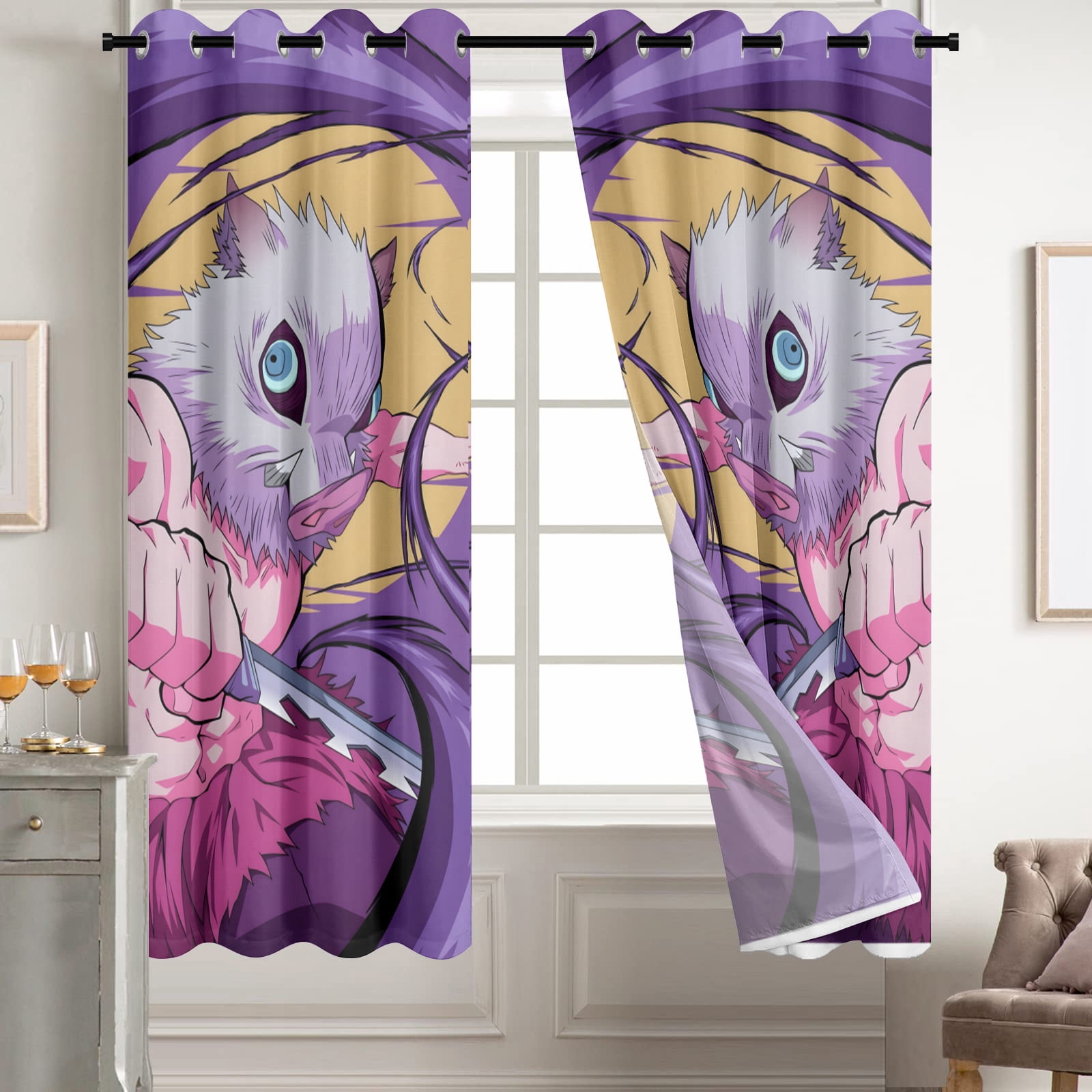 Anime Curtains for Bedroom Drapes Slayer Tanjirou Inosuke Kyoujurou Print Design Window Treatments Curtain Panel Set, 2-Panels, 52" W x 63" L
