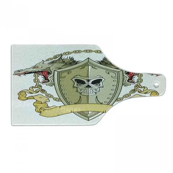 Dragon Cutting Board, Skull on Knights Shield with Dragon Heads and Scroll Medieval Warrior Myth, Decorative Tempered Glass Cutting and Serving Board, Wine Bottle Shape, Yellow White, by Ambesonne