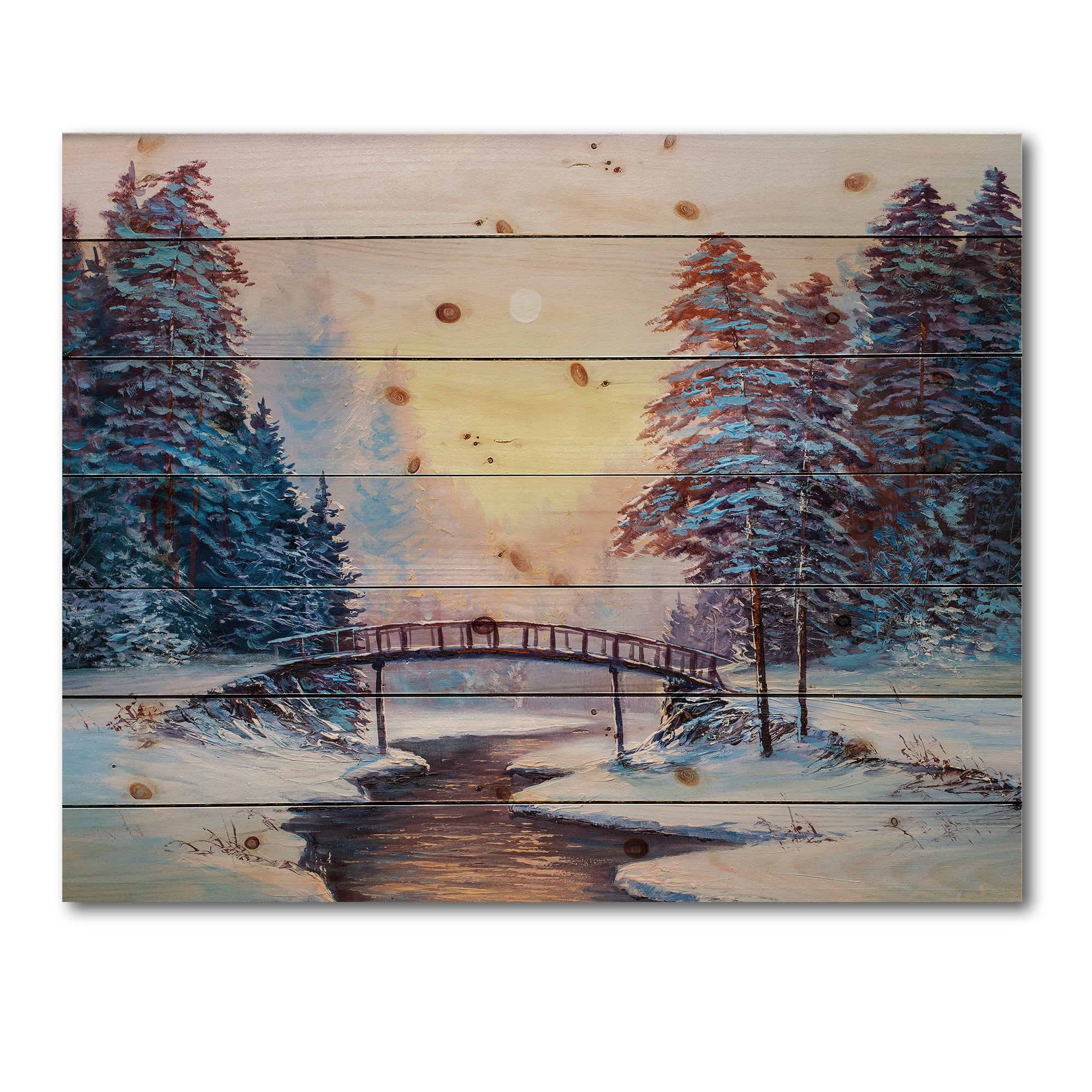 Designart 'Snow Covered Landscape and Little Bridge' Traditional Print on Natural Pine Wood