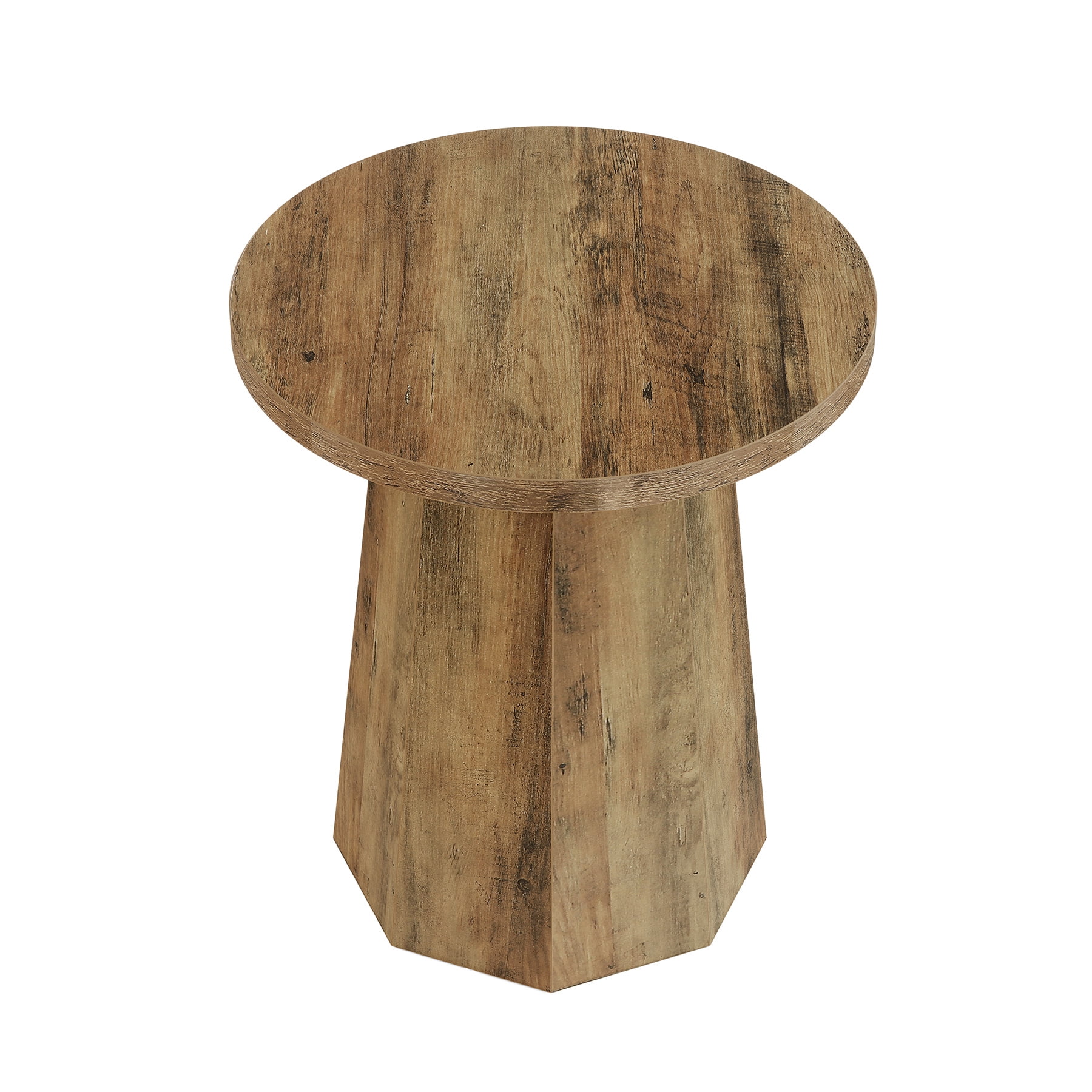 Fnova Farmhouse Round End Table, Wooden Side Table with Octagonal Base, Nightstand Pedestal Accent Furniture for Living Room, Bedroom