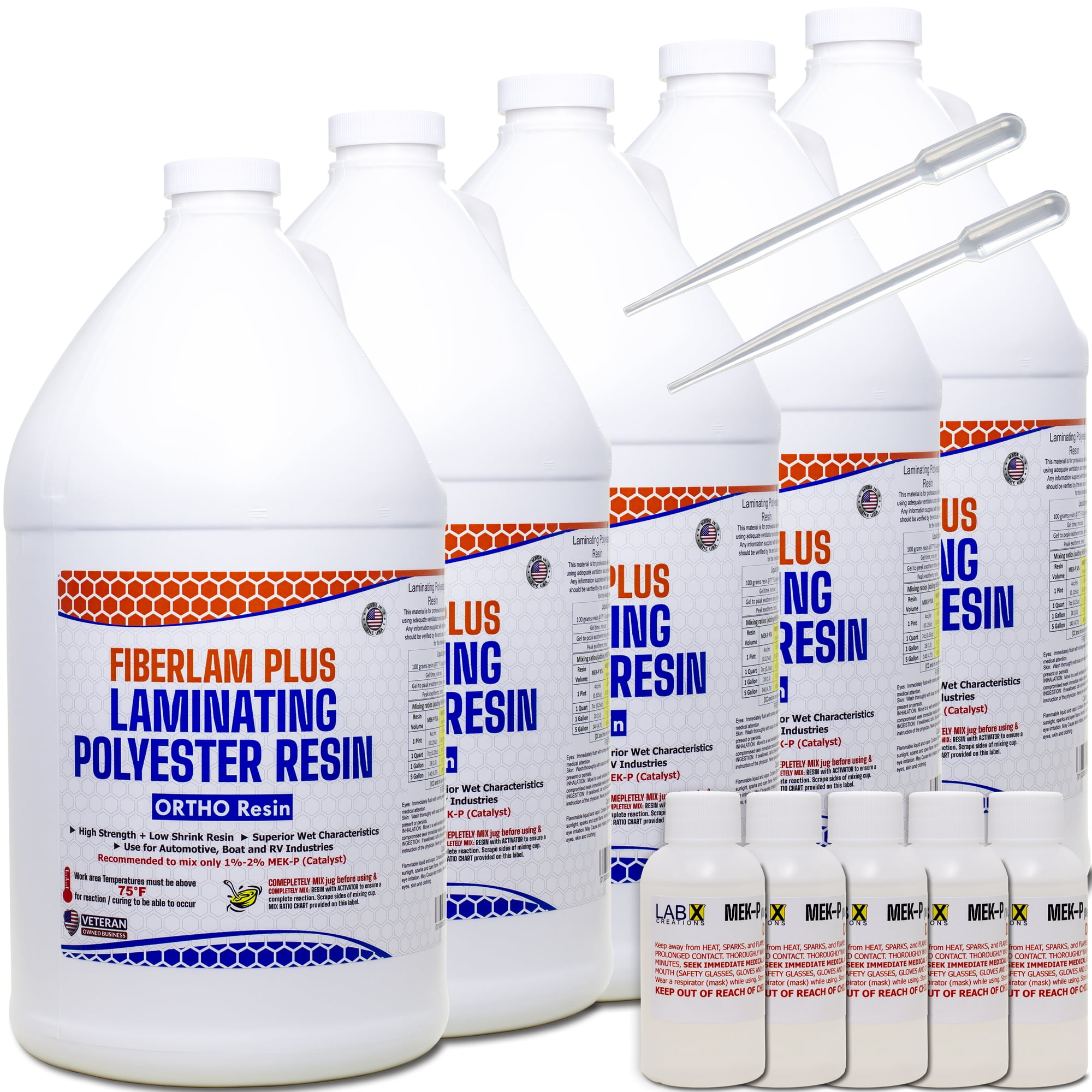 FIBERLAM PLUS 5G POLYESTER RESIN 5 Gallon +MEKP; Low Viscosity Coating for Laminating Fiberglass mat, biaxle & cloth for Boats, RV, Car & Truck Canoe Surfboards, EXTENDED TACKY Time, parts casting