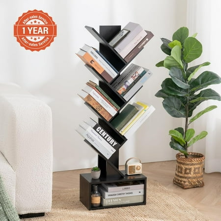 Tree Bookshelf, 6 Tier Small Book Shelf Retro Floor Standing Bookcase, Wood Book Storage Organizer Rack, Tall Narrow Bookshelves for Corner/Bedroom/Living Room/Home Office, Black