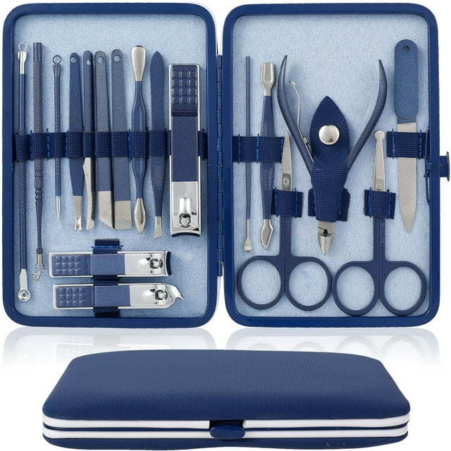 Pluokvzr 18-Piece Manicure Set pour Femmes Hommes Coupe-Ongles Kit de Manucure en Acier Inoxydable - Kit de Toilettage Portable - Soin du Visage, des Cuticules et des Ongles