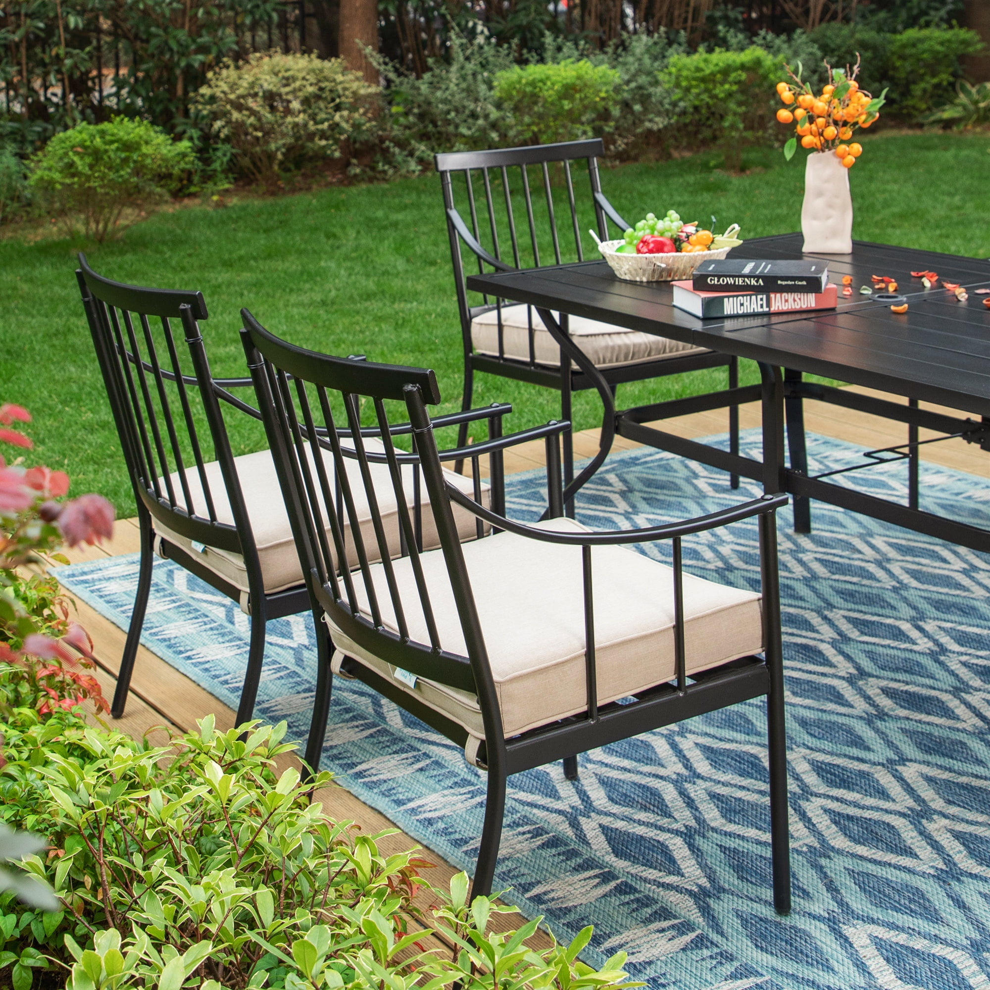 MF Studio 7-Piece Outdoor Patio Dining Set with Cushioned Chairs & 6-Person Table with Umbrella Hole, All-Weather, Black & Beige