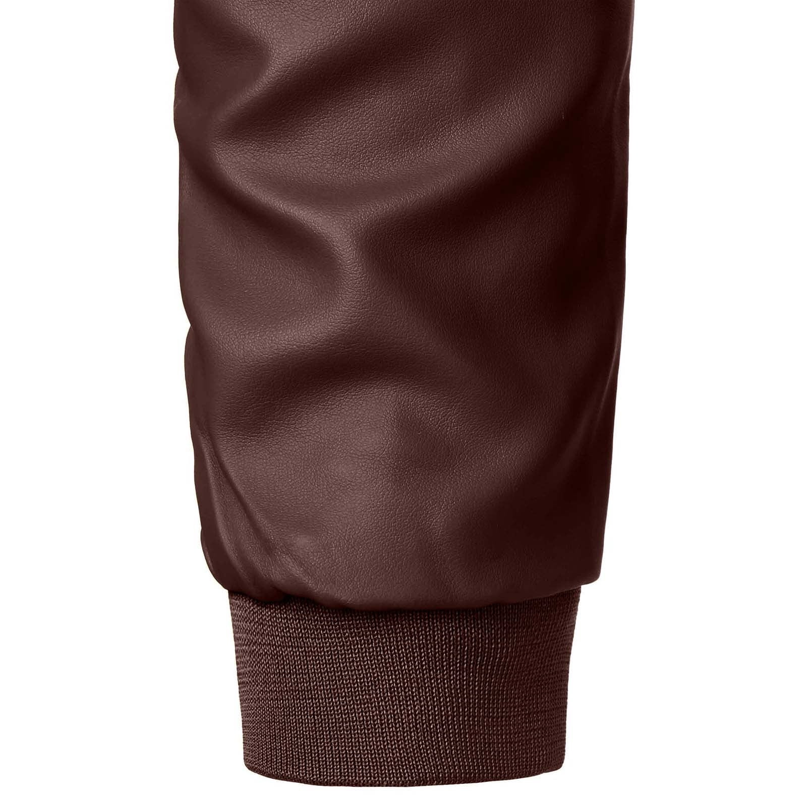 RYDCOT Men Solid Color Leather Jacket Outerwear Fashion PU Leather Long Sleeved Stand Collar Coat Brown