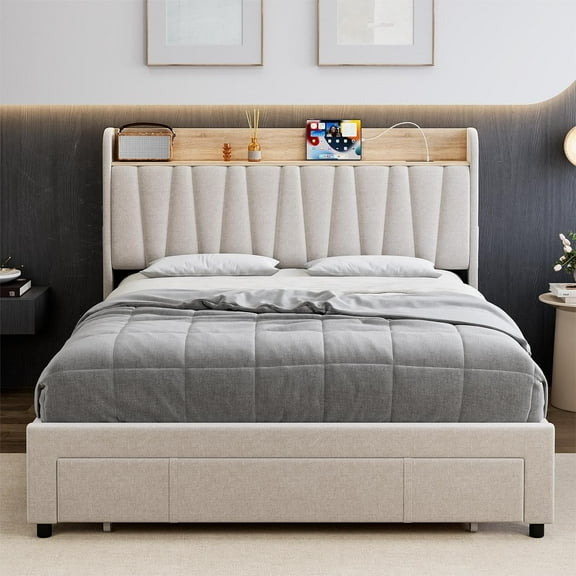 Full/Queen/King Size Bed Frame with Drawer, Upholstered Platform Bed Frame with Storage Headboard and Charging Station, Mattress Foundation with Solid Wooden Slats Support, No Box Spring Needed