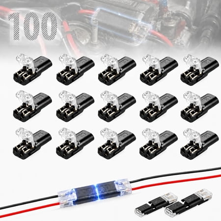100Pcs No Strip Wire Connectors 18-22 AWG Double Wire Plug in Connector, 2-Pin Low Voltage Wire Connectors with Locking Buckle, Fast Install Electrical Couplers for LED Lights, Car Audio, Home Wiring