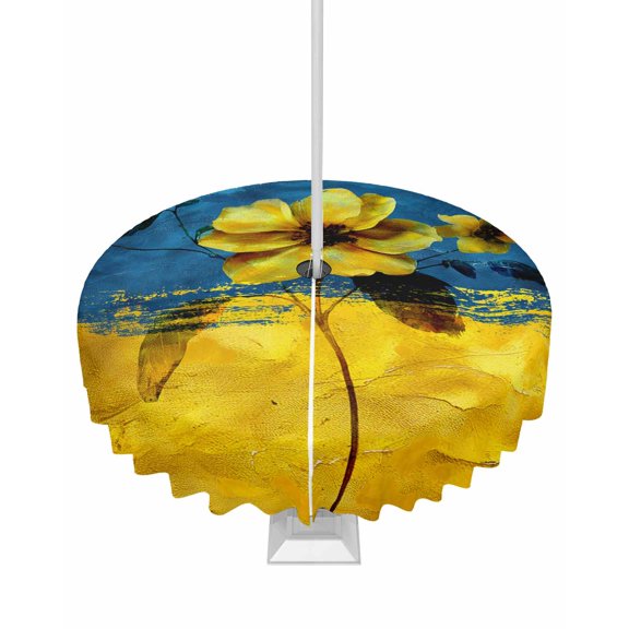 Boanket Outdoor Tablecloth with Umbrella Hole for Patio/Picnic/Party/Camping, Blue Yellow Floral Waterproof Table Cloth Round Cover Washable, Modern Abstract Graffiti Painting Art (Dia 54")