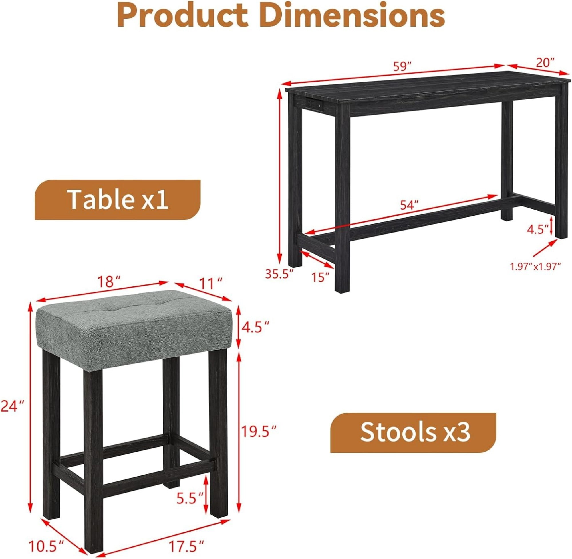 DEALTOPS 4-Piece Bar Table Set with Charging Station, 59" Counter Table with 3 Soft Stools for Small Space, Black