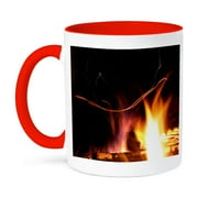 3dRose, Photograph of flickering flames from a fire in an outdoor fireplace., 15oz Two-Tone Red Mug