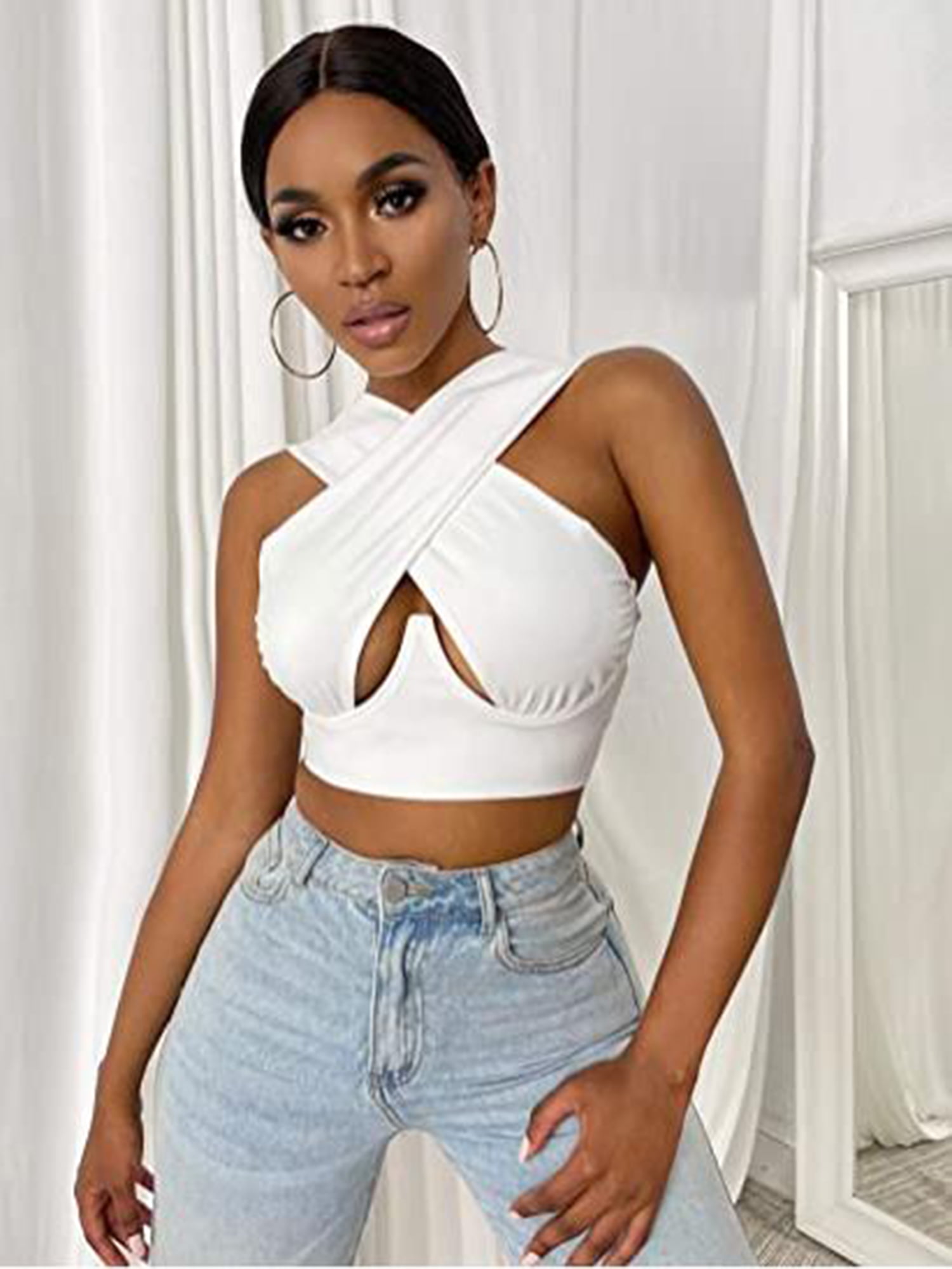 Licupiee Sexy Tops for Women Clubwear Cut Out Criss Cross Wrap Halter  Stretchy Crop Tank Top Cami Vest Camisole Corset Bustier