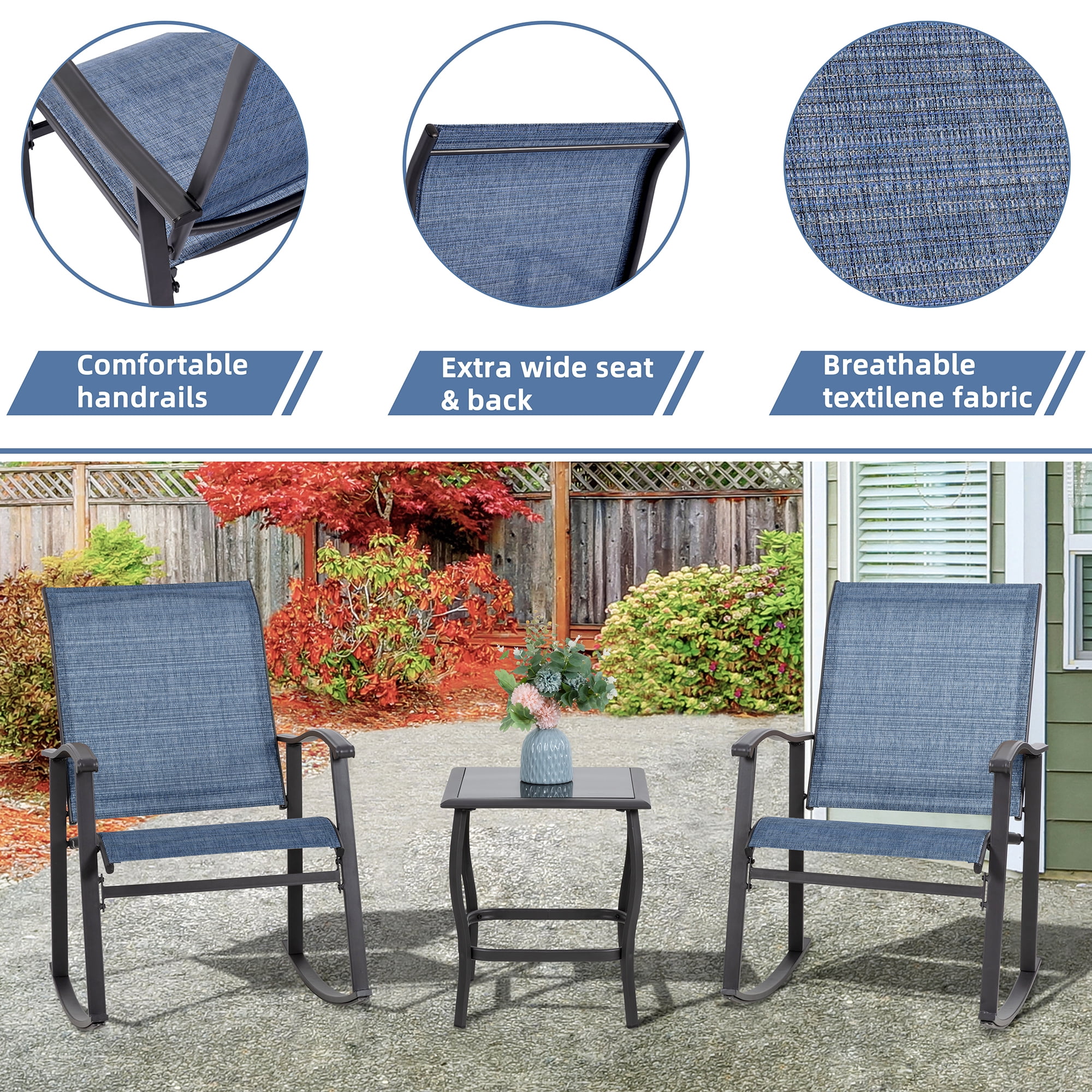 Walsunny 3 Pieces Rocking Bistro Patio Furniture Rocker Set with 2 Outdoor Rocking Chairs and 1 Glass Coffee Table for Porch Deck Lawn,Deep Blue