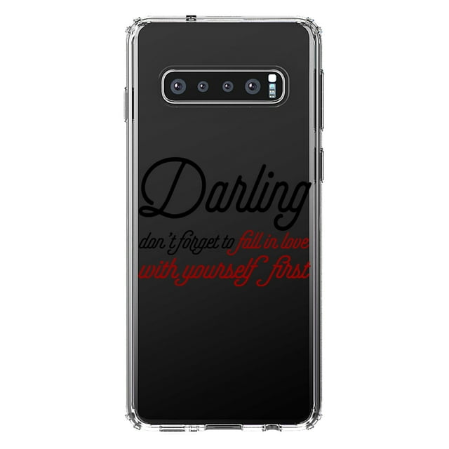 DistinctInk Clear Shockproof Hybrid Case for Samsung Galaxy S10 (6.1" Screen) - TPU Bumper Acrylic Back Tempered Glass Screen Protector - Darling Don't Forget to Fall In Love with Yourself