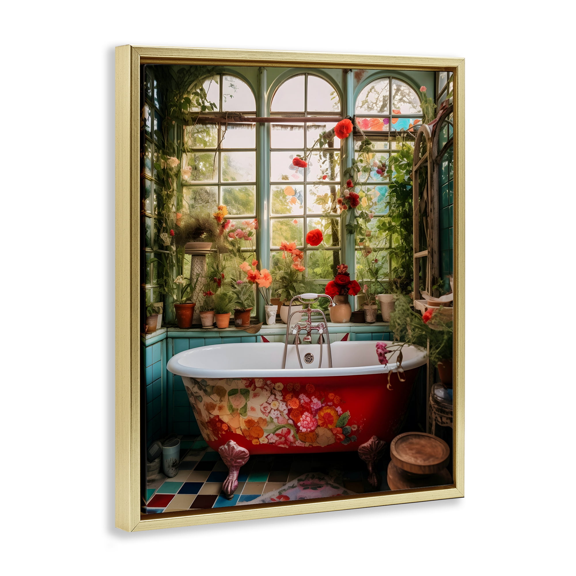 Floral Sunroom Tub Gold Framed Floater Canvas Wall Art, design by Lettered and Lined