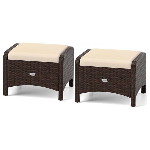 Wicker Outdoor Ottomans for Patio - Set of 2 Rattan Footstools w/Removable Cushions, Multipurpose Outside Foot Rest, Side Table & Additional Seating