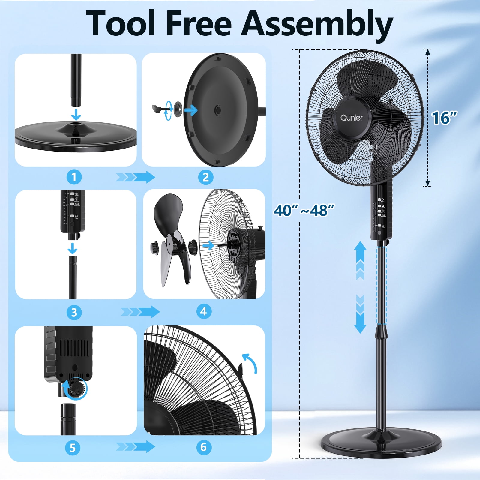 2 Pack Qunler 16'' Pedestal Oscillating Fan with Remote Control, Stand Up Fan Adjustable Height, 3-Speed, Electric Cooling Fans for Bedroom Home Office Use