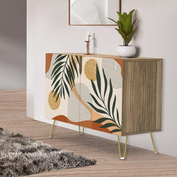 PixonSign Sideboard Buffet Cabinet, Kitchen Storage Cabinet with 2 Doors, Green Forest Plant Geometric Patterns, Cupboard Console Table for Dining Room - 35" L x 18" W x 29" H