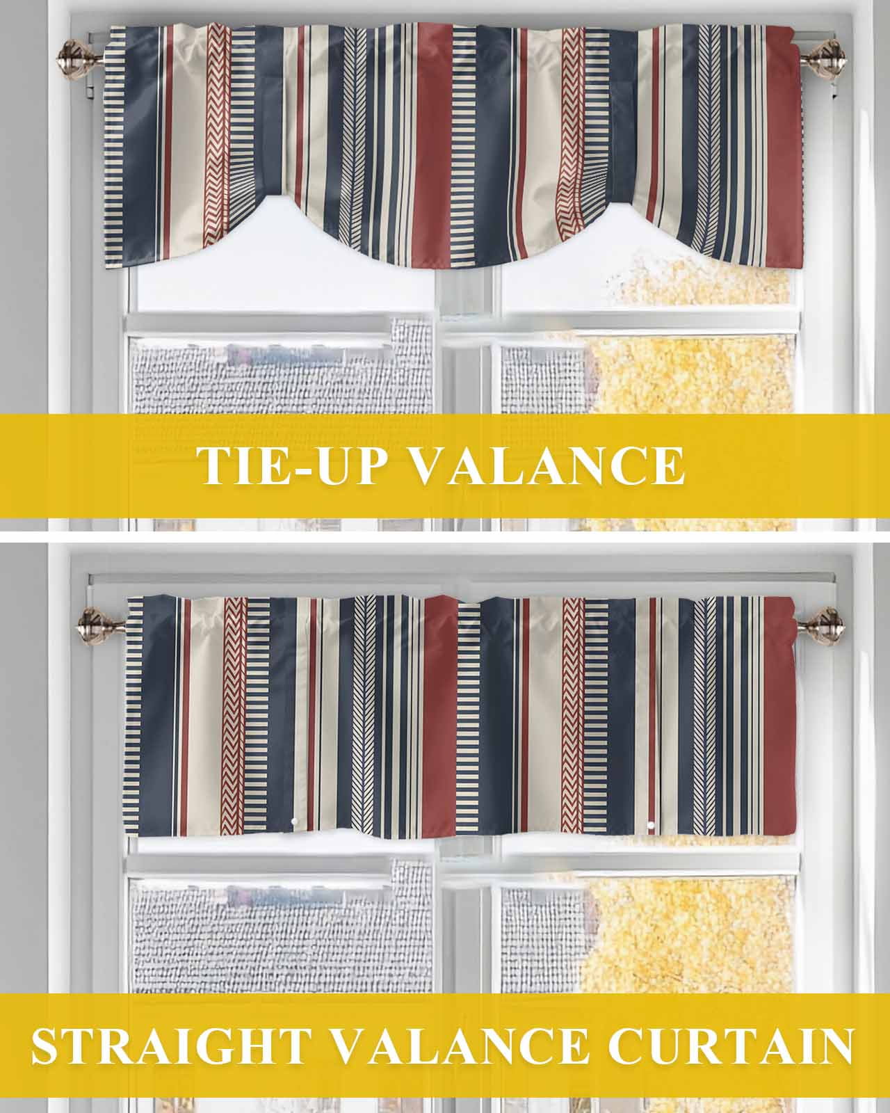 Vintage Stripes Tie Up Valances Curtain, Navy Red Beige Striped Retro Lines Kitchen Valances for Windows Decor, Rod Pocket Short Curtains Set for Bedroom/Bathroom, 60"x18"