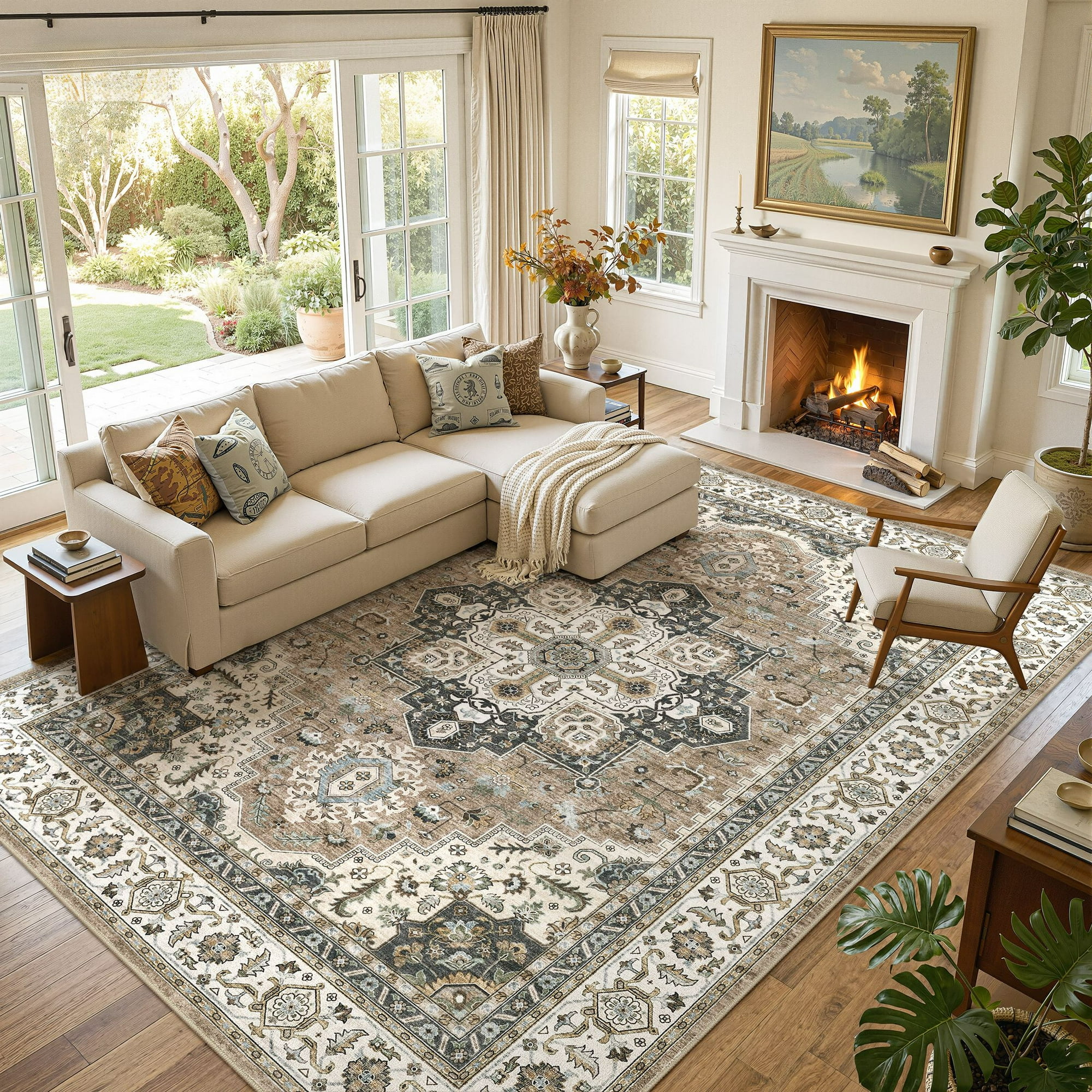 UERMEI 8'x10' Area Rugs for Living Room, Vintage Traditional Washable Rug for Bedroom Dining Room Home Office, Non-slip Floral Large Area Rug Decor Carpet, Brown Beige Rug