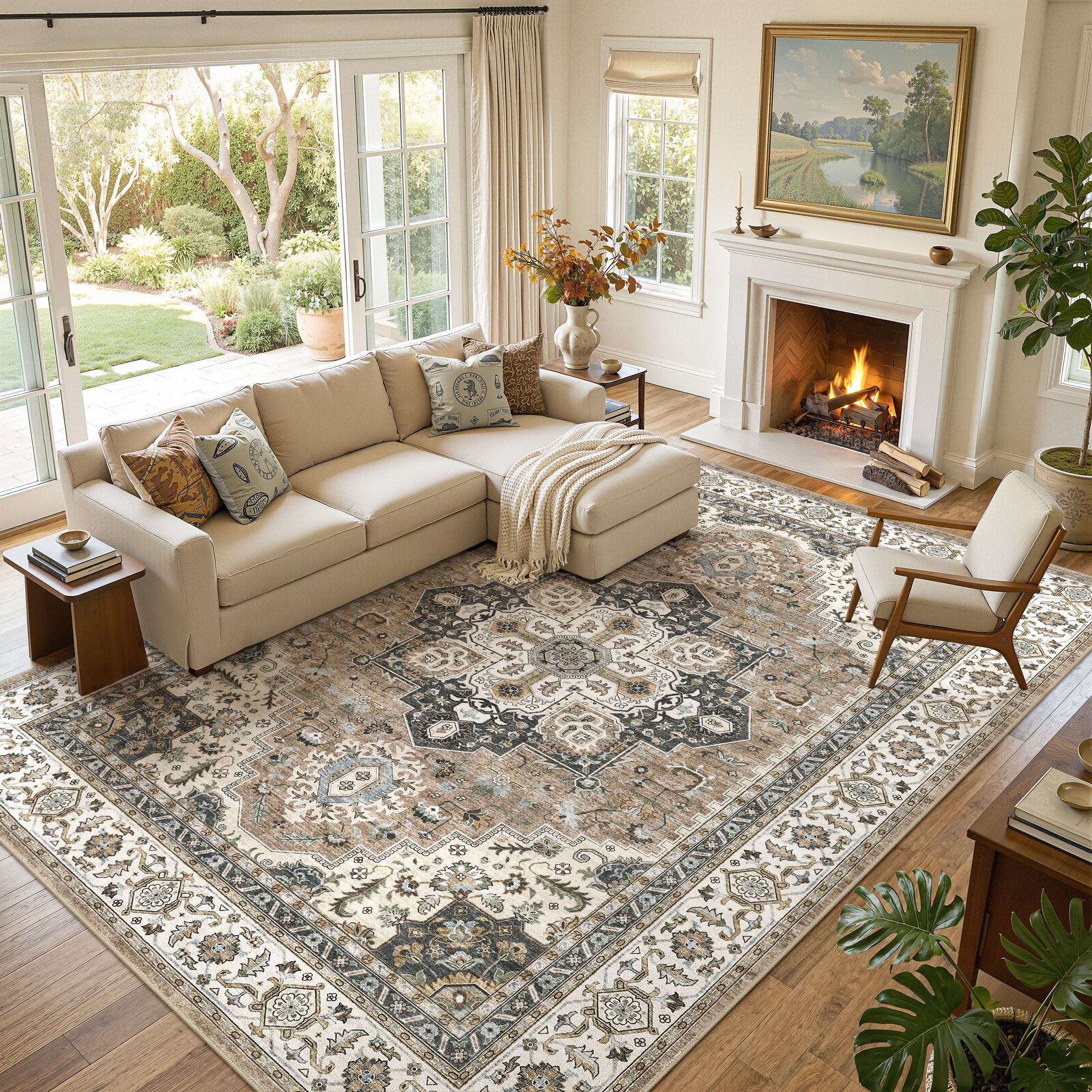 UERMEI 8'x10' Area Rugs for Living Room, Vintage Traditional Washable Rug for Bedroom Dining Room Home Office, Non-slip Floral Large Area Rug Decor Carpet, Brown Beige Rug