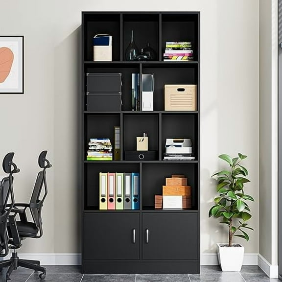Cozy Castle 70" Tall Black Bookshelf with 12 Cubes and 2 Doors, 4-Tier Open Shelf Bookcase with Cabinet, Modern Cube Storage Organizer for Living Room, and Office