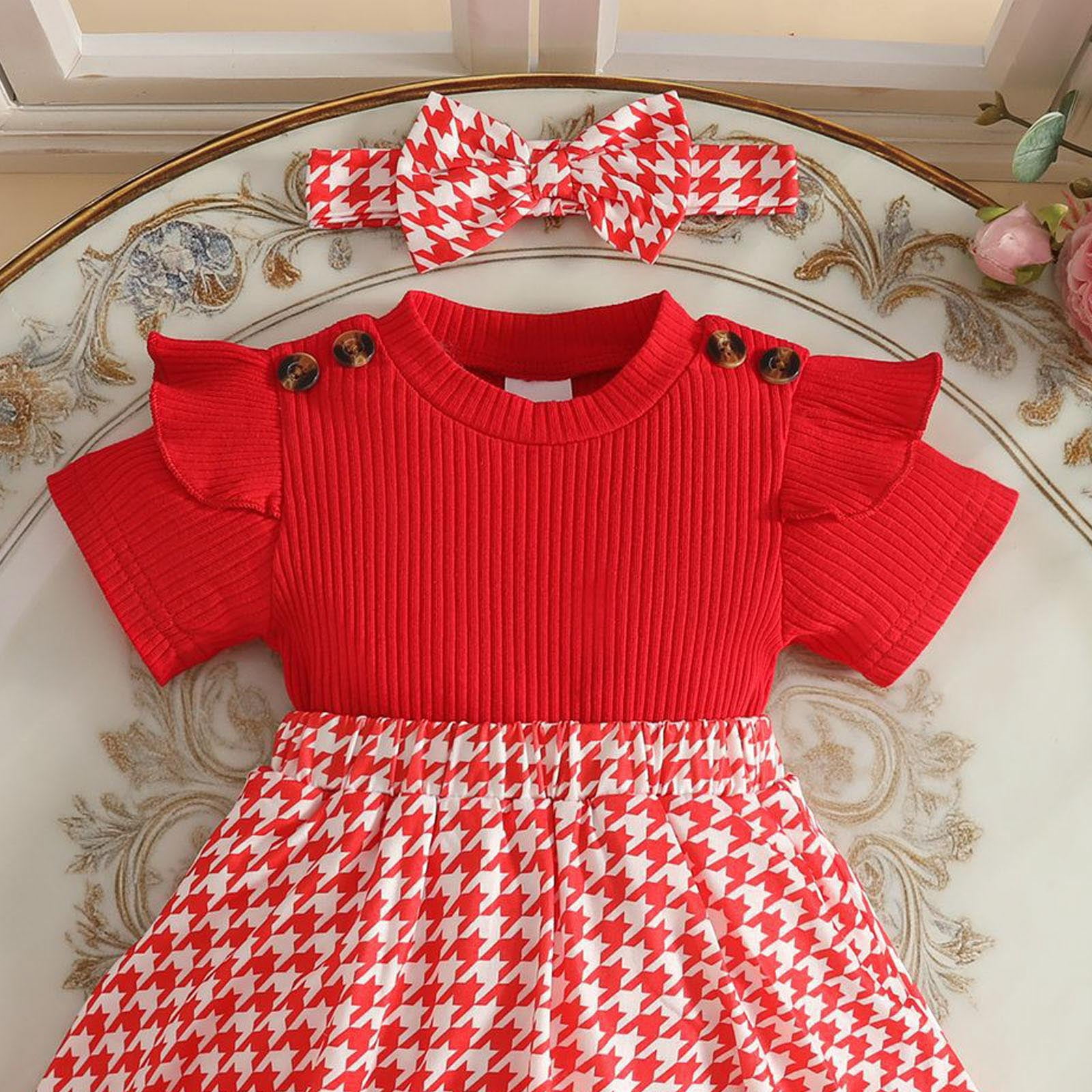Faraee Newborn Baby Girl Clothes Smocked Bubble Romper Dress Socks Headband Cute Summer Infant Girls 3 Piece Outfits (6-9 Months,Red)