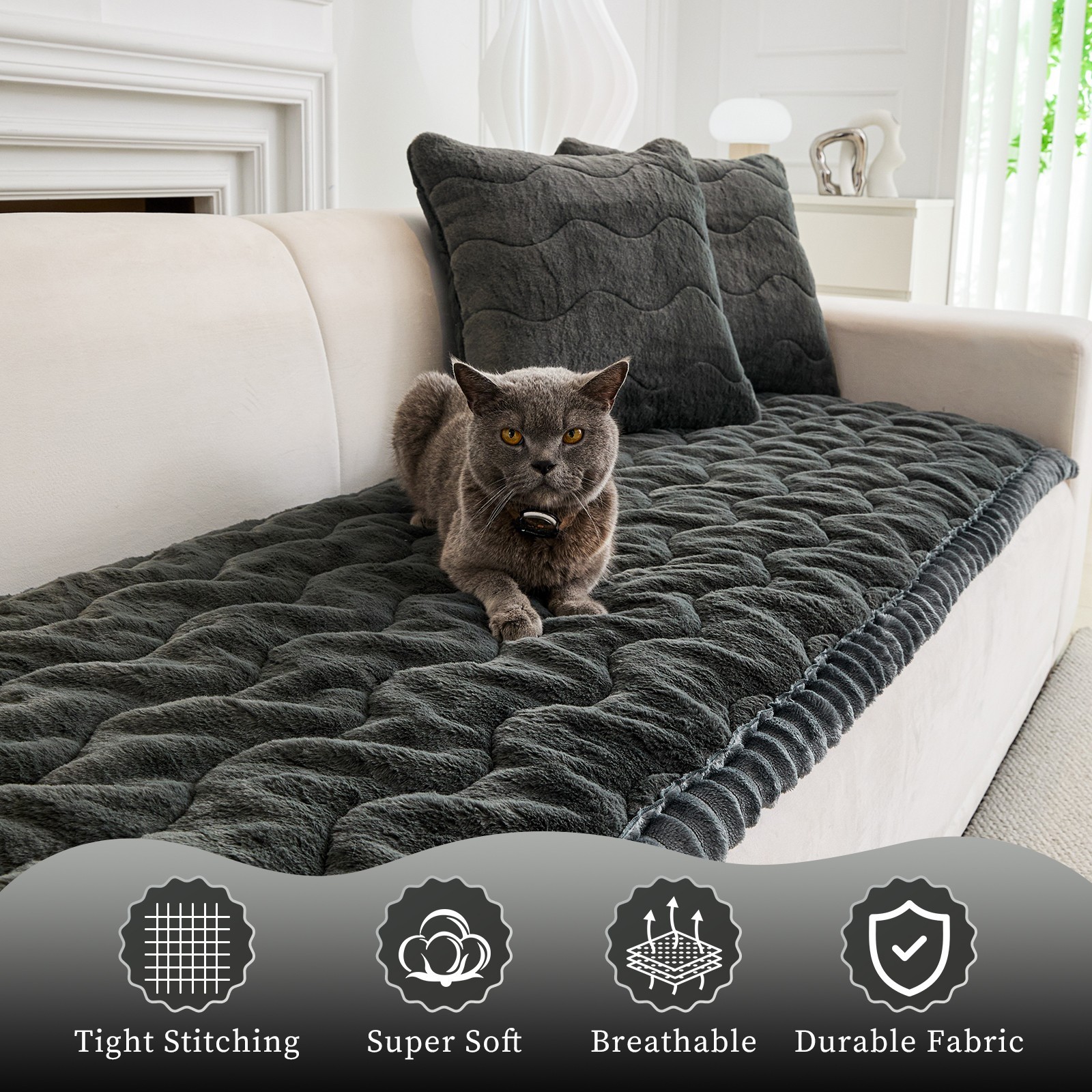 CJC Sofa Cover Fuzzy Couch Cover for Pets Dog Cat Washable Non-Slip Sofa Slipcover Cushion Protector Pets Friendly Mat (Dark Gray, 28'' x 59'')