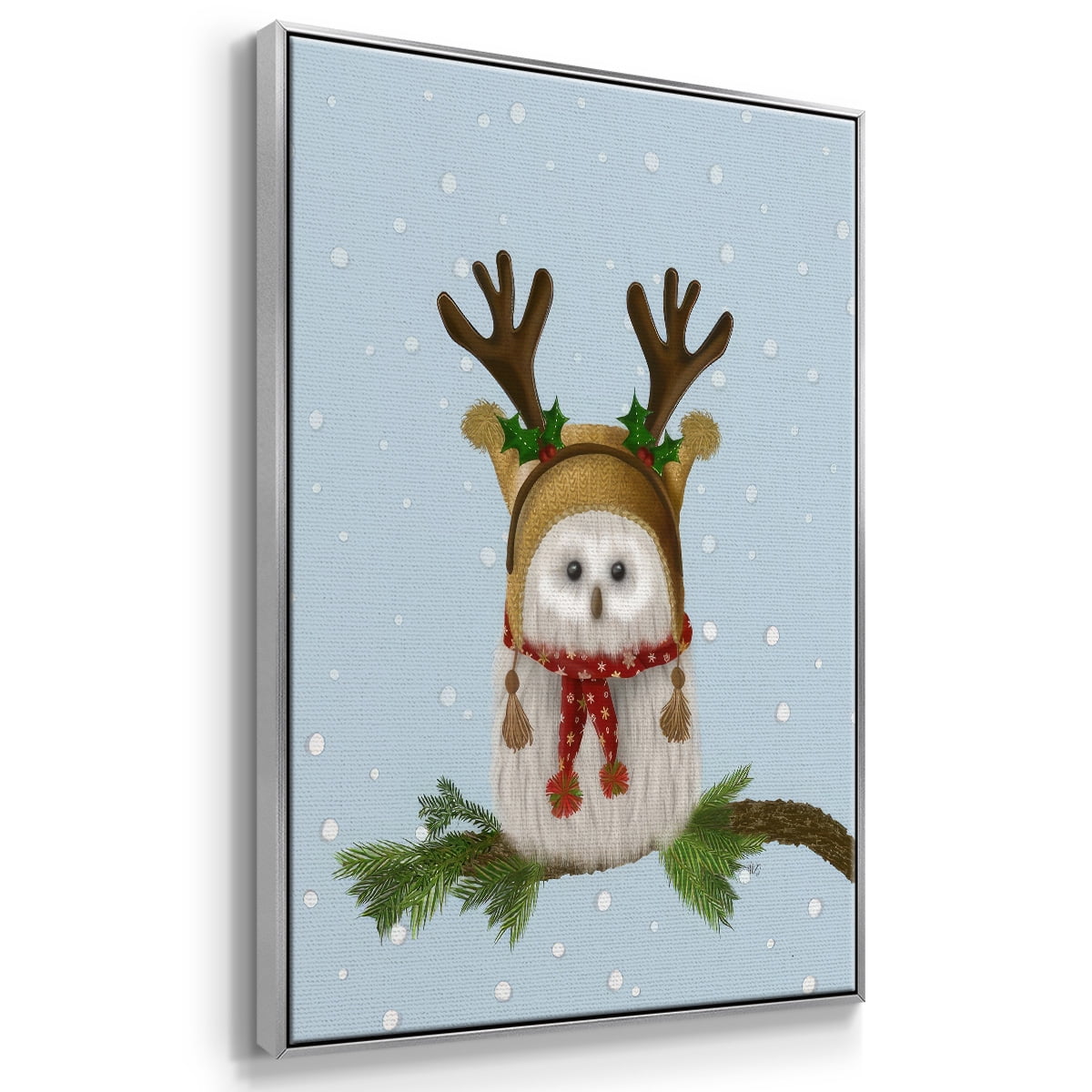 Christmas Fluffy Owl and Antlers - Framed Gallery Wrapped Holiday Canvas - 25 x 37 - Silver Frame