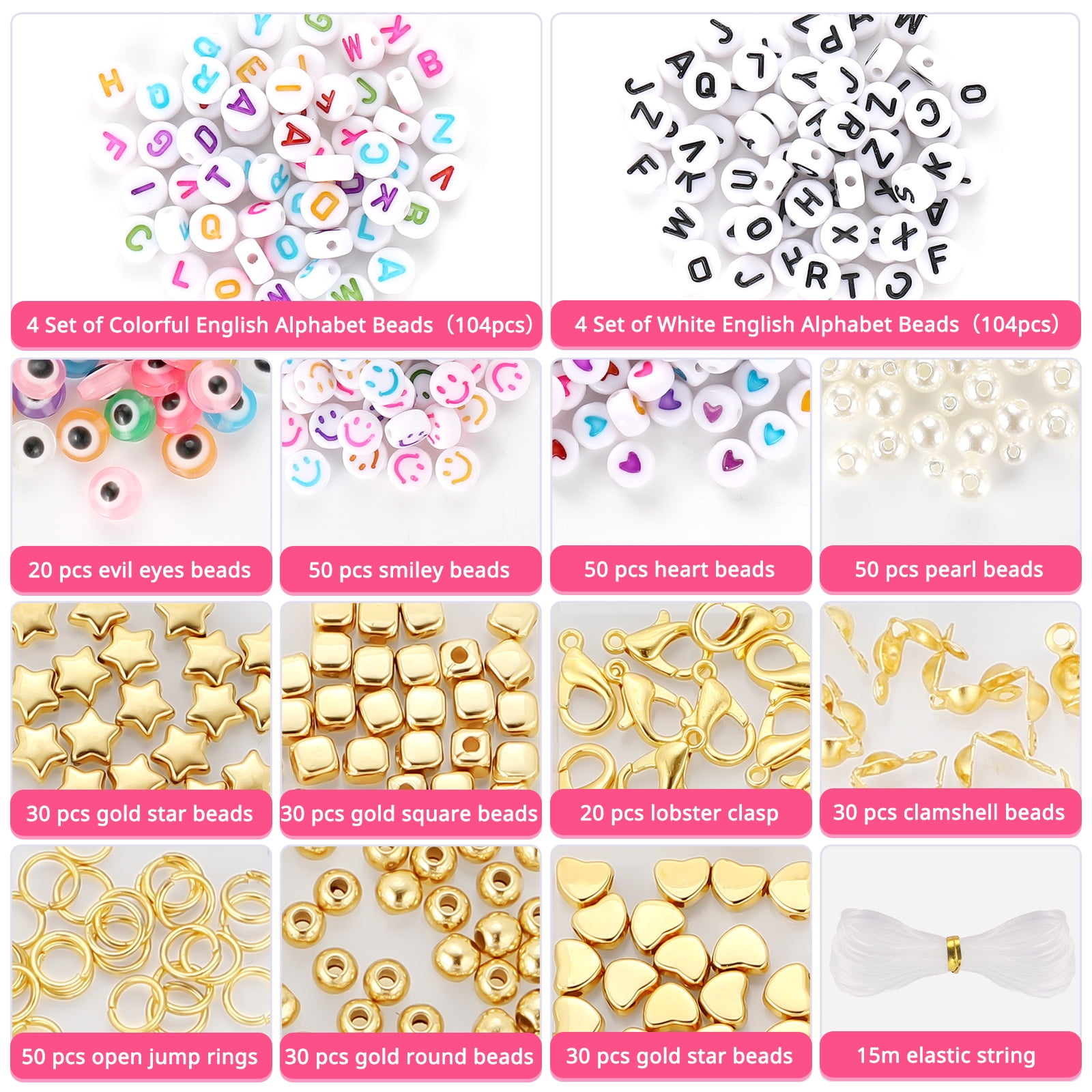 Funtopia Beads for Threading, 20000 Pieces 2 mm Glass Beads and 4000 Pieces  6 mm Clay Beads Set with 300 A-Z Letters, 75 Smiley & Love Beads for  Bracelets Necklaces Ring Make