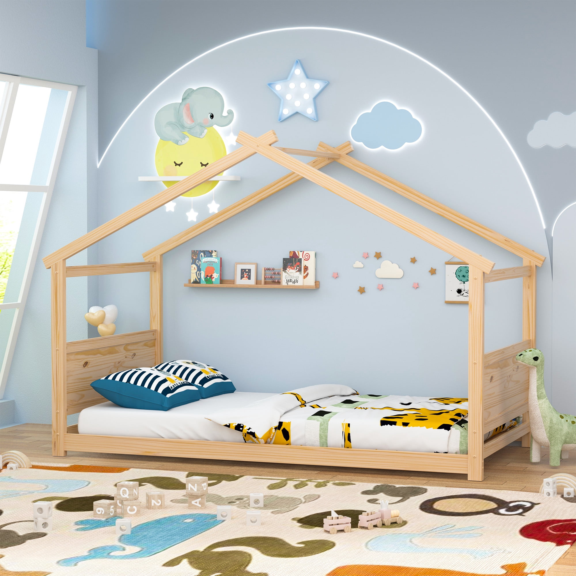 Joywind Twin Solid Wood House Floor Bed Frame with Safety Guardrails, Kids Bed for Boys Girls