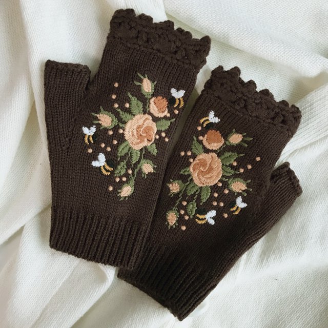 Guantes cálidos bordados para mujer de otoño e invierno, guantes de punto con flores para adultos, guantes bordados