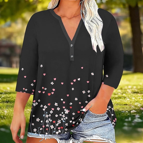 Xuyuer Womens Plus Size Tops 3/4 Sleeve Blouses Shirts Casual V Neck Loose Tunic Tops 1X-5X Tops with Button Cuffs Dressy Casual V Neck Summer Outfits Early Fall Fashion Clothes 2026