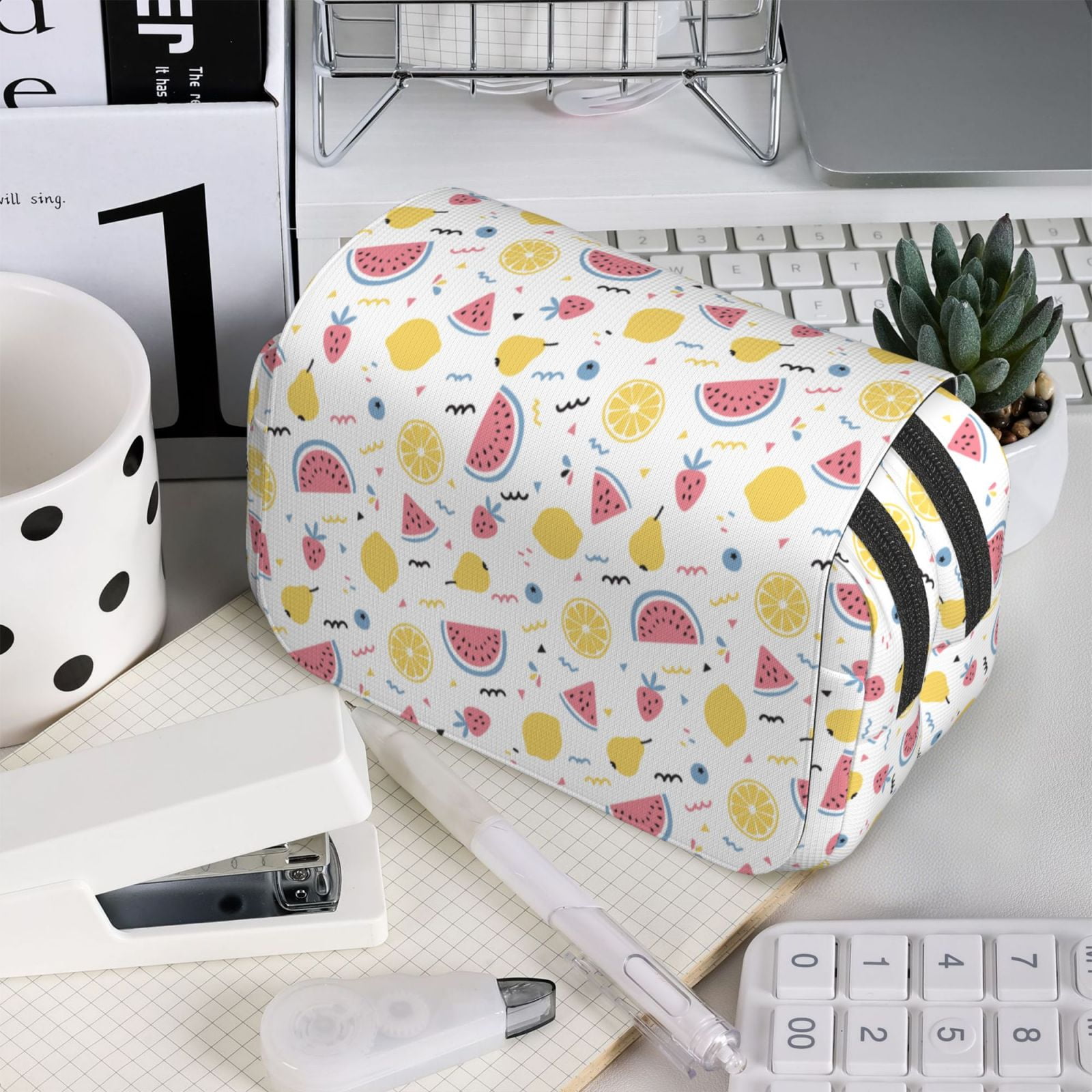 Rateoe Watermelon And Lemon Pattern Double Clamshell Pen Case, Storage Organizer with Two Zipper Compartments– Holds Up to 50 Pencils & Pens