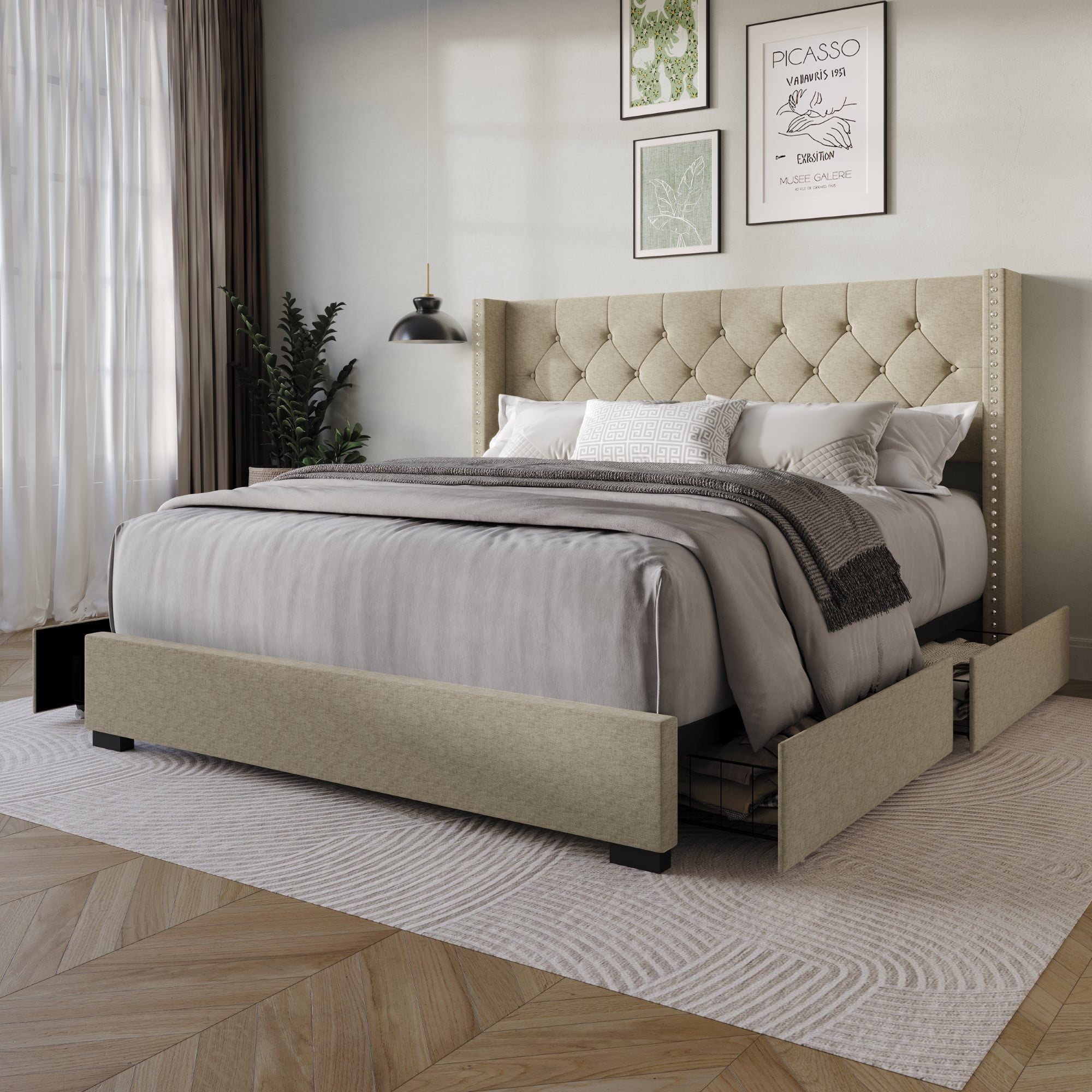 Home Design Greeley King Tufted Upholstered Storage Platform Bed Frame with Button-Tufted Wingback Headboard and Four Under-Drawers, Dark Beige, Easy Assembly