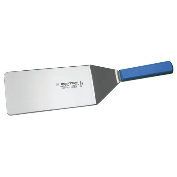 Dexter Cool Blue Basics Stainless Steel Hamburger Turner with Blue Polypropylene Handle - 8"L x 4"W Blade