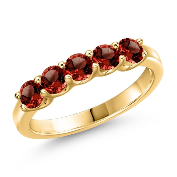 Gem Stone King 18K Yellow Gold Plated Silver Red Garnet Wedding-Bands Ring for Women | 1.00 Cttw | Round 3.5MM | Gemstone January Birthstone | Size 5