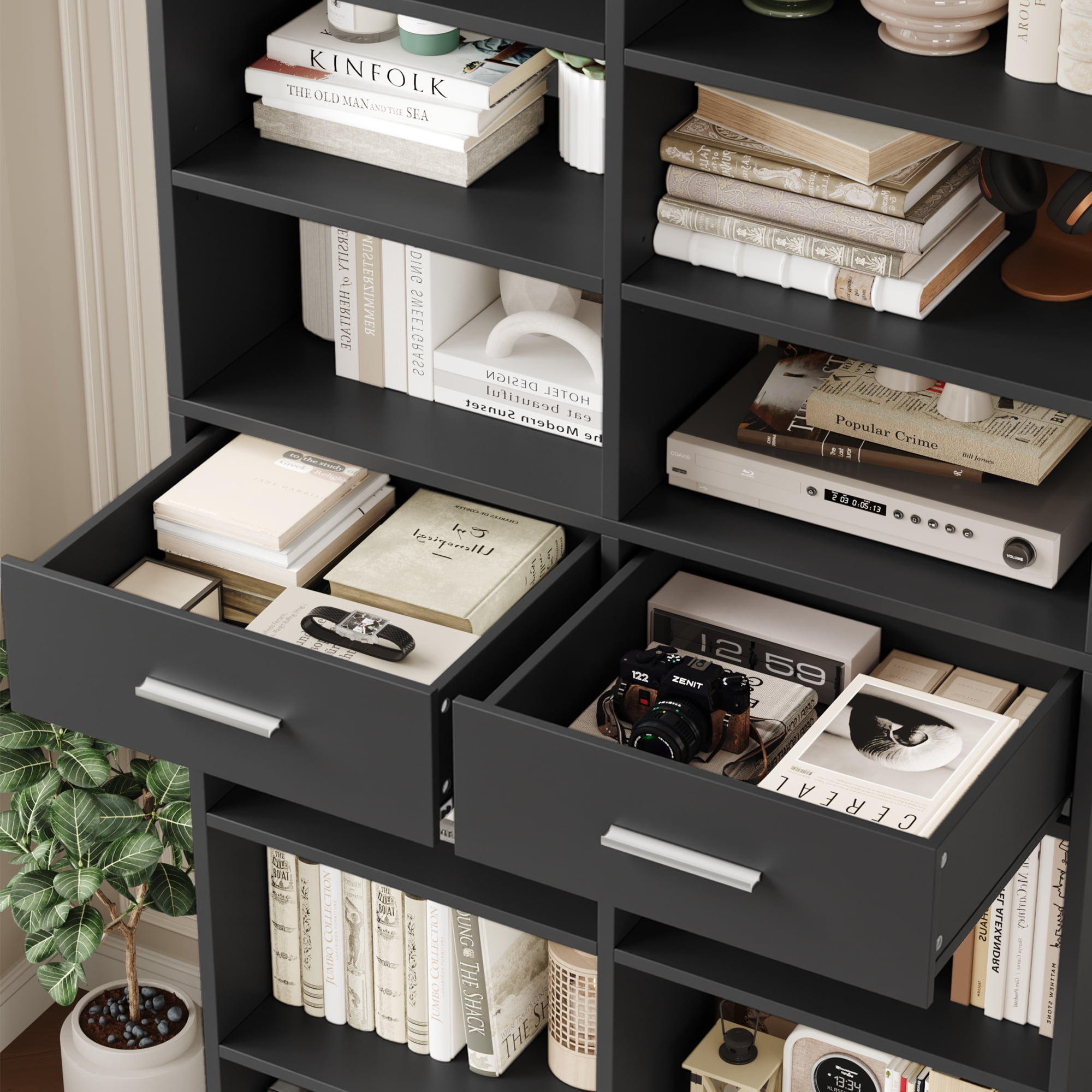 Homfa 7-Tier Bookcase with 2 Drawers, 72.8" H Double Wide Bookcase with 4 Adjustable Shelves for Study Office Living Room, Black